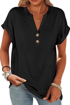Womens Short Sleeve Henley Tops V Neck Dressy Casual Blouses Summer Trendy Tee Shirts 2025 Vacation Fashion Clothes