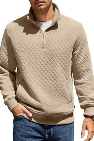 Mens Quarter Zip Pullover Quilted Sweatshirt Knit Long Sleeve Mock Neck Sweater Polo with Pocket