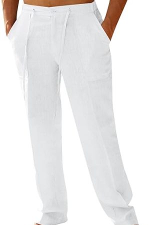 Mens Casual Linen Pants Loose Fit Elastic Drawstring Waist Straight-Legs Summer Yoga Beach Long Pants