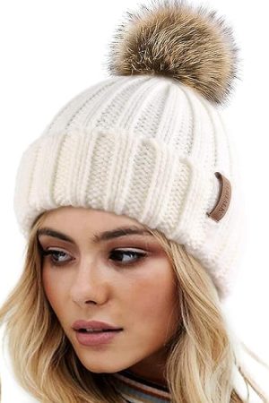 Womens Winter Knitted Beanie Hat with Faux Fur Pom Warm Knit Skull Cap Beanie for Women